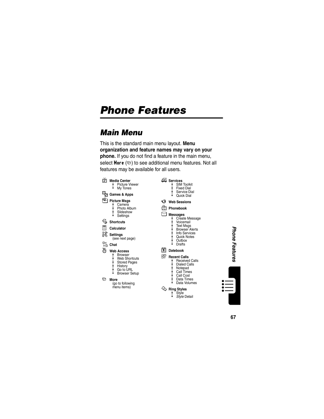 Motorola T722i manual Phone Features, Main Menu 