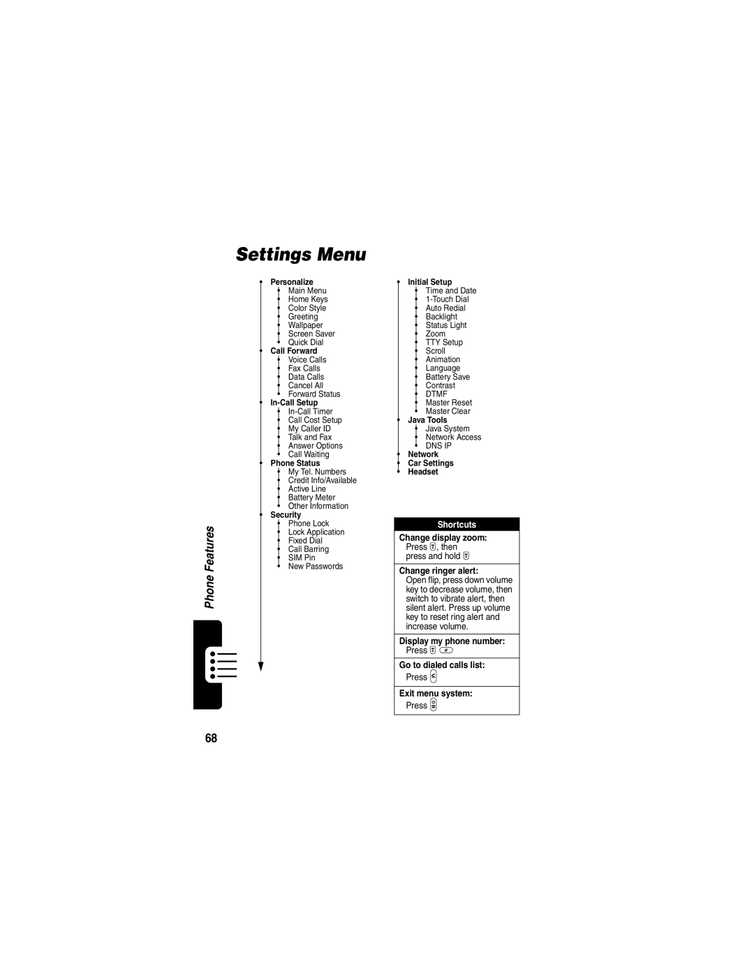 Motorola T722i manual Settings Menu, Initial Setup 
