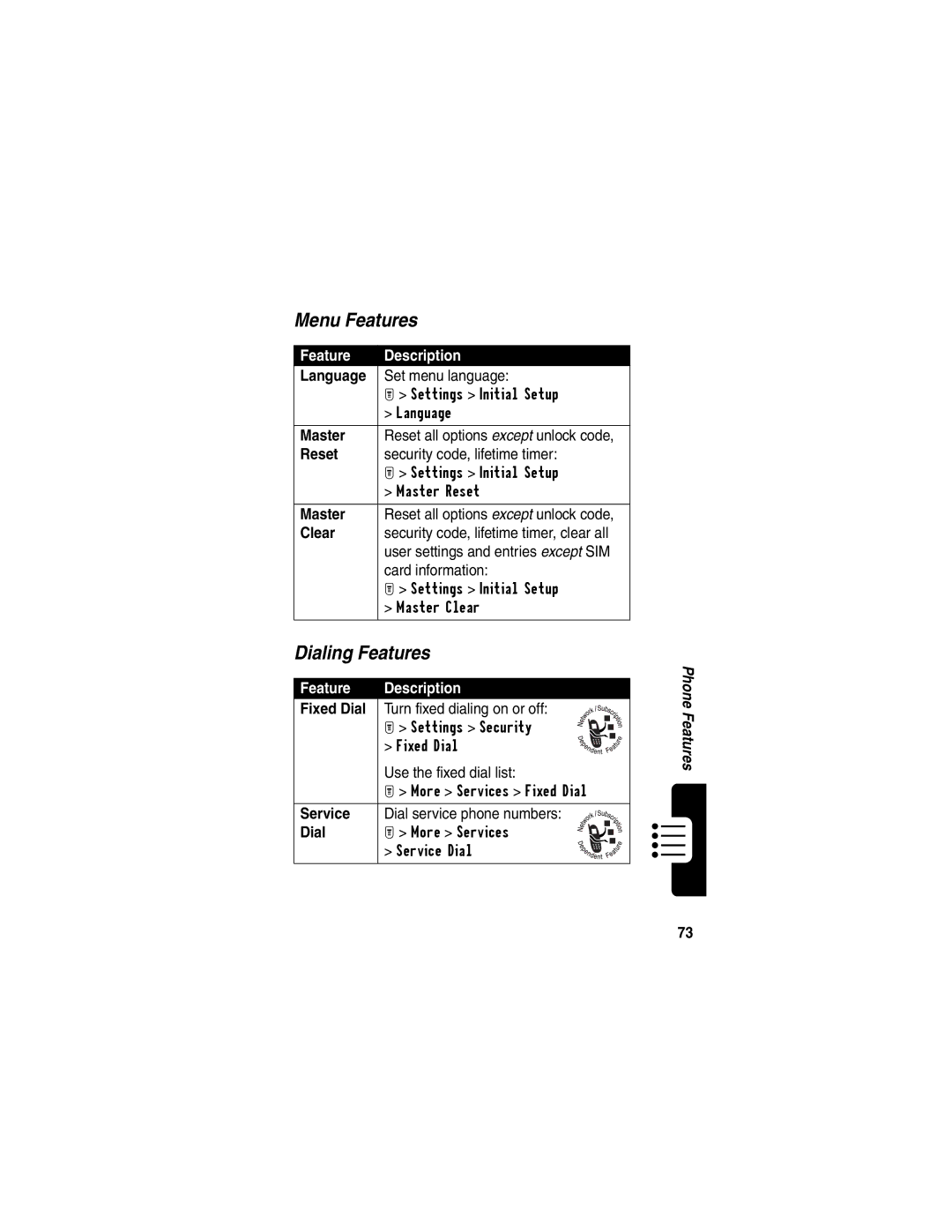 Motorola T722i manual Menu Features, Dialing Features 