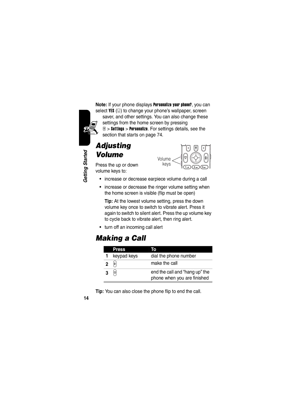 Motorola T725 manual Adjusting, Volume, Making a Call 