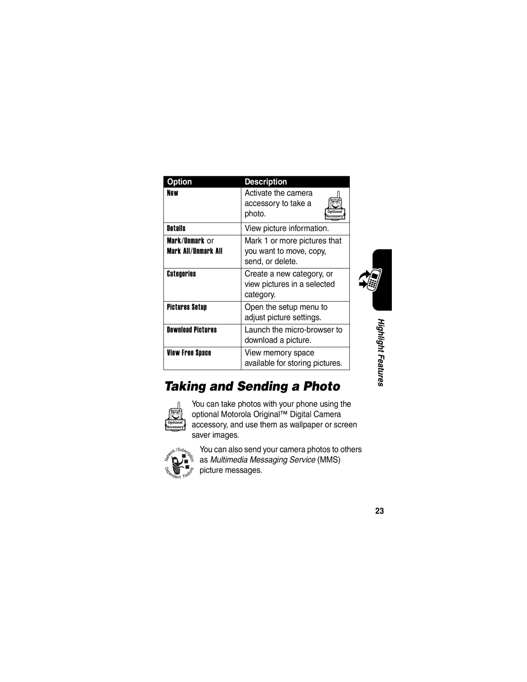 Motorola T725 Activate the camera, Accessory to take a, Photo View picture information, You want to move, copy, Category 