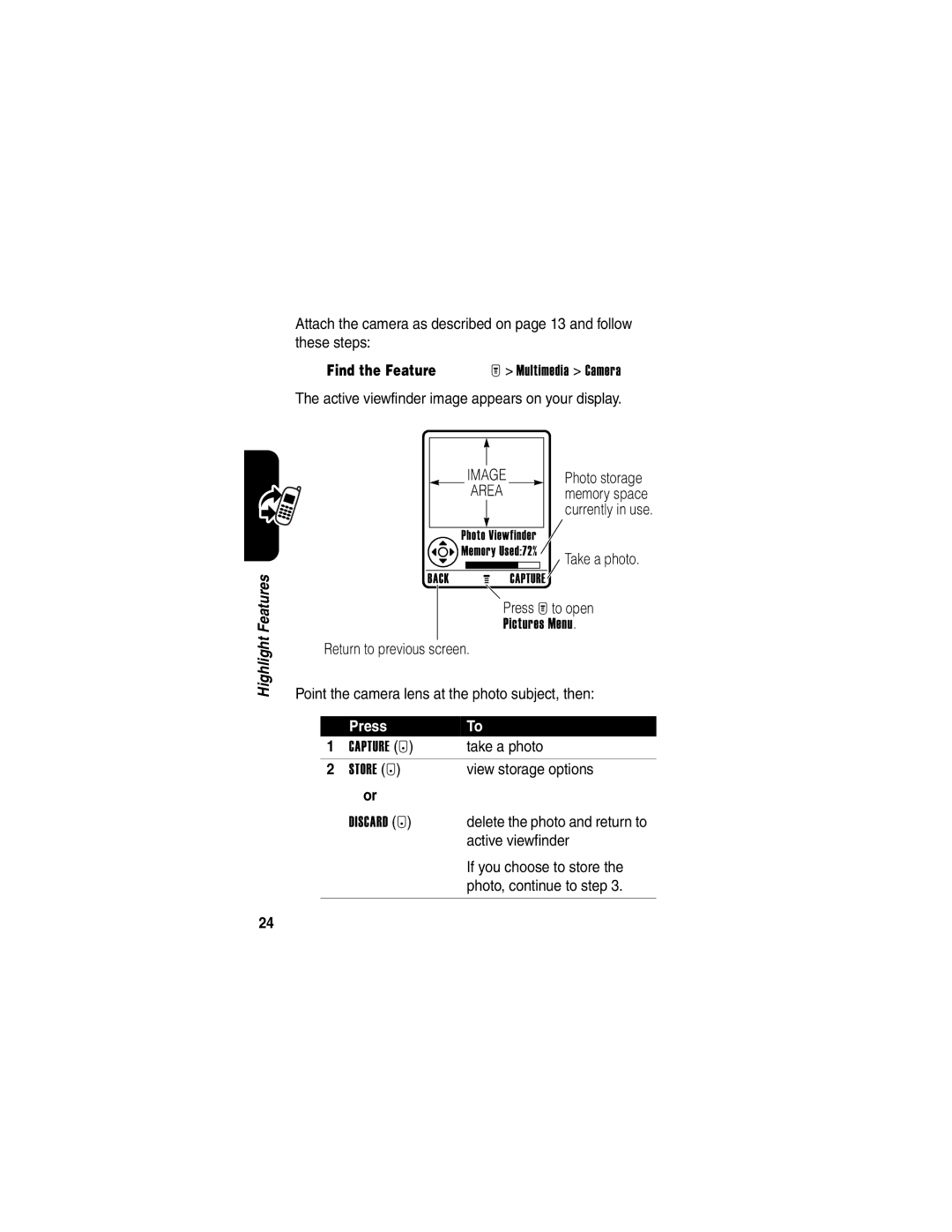 Motorola T725 manual Active viewfinder image appears on your display, Press M to open, View storage options 