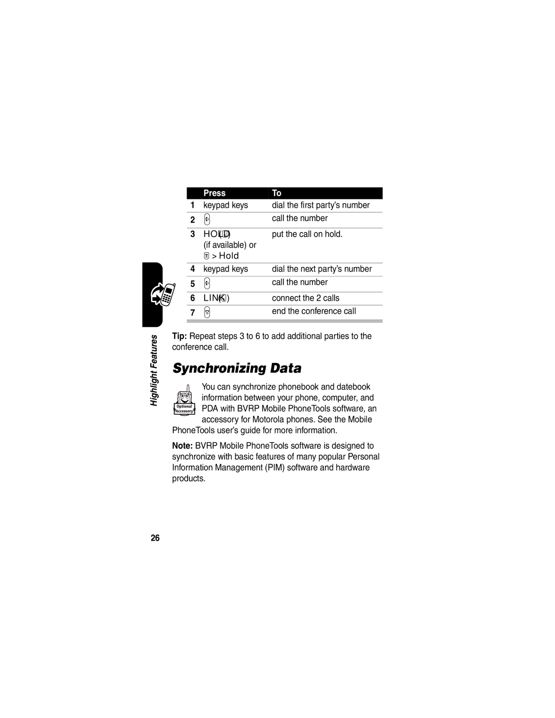 Motorola T725 manual Synchronizing Data, Connect the 2 calls, End the conference call 