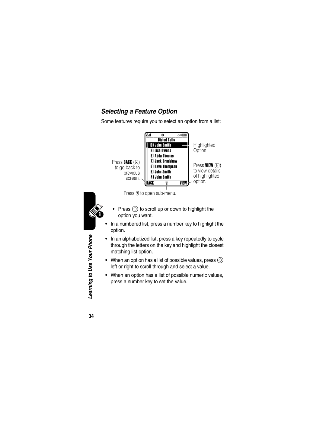 Motorola T725 manual Selecting a Feature Option, Previous, Option you want 