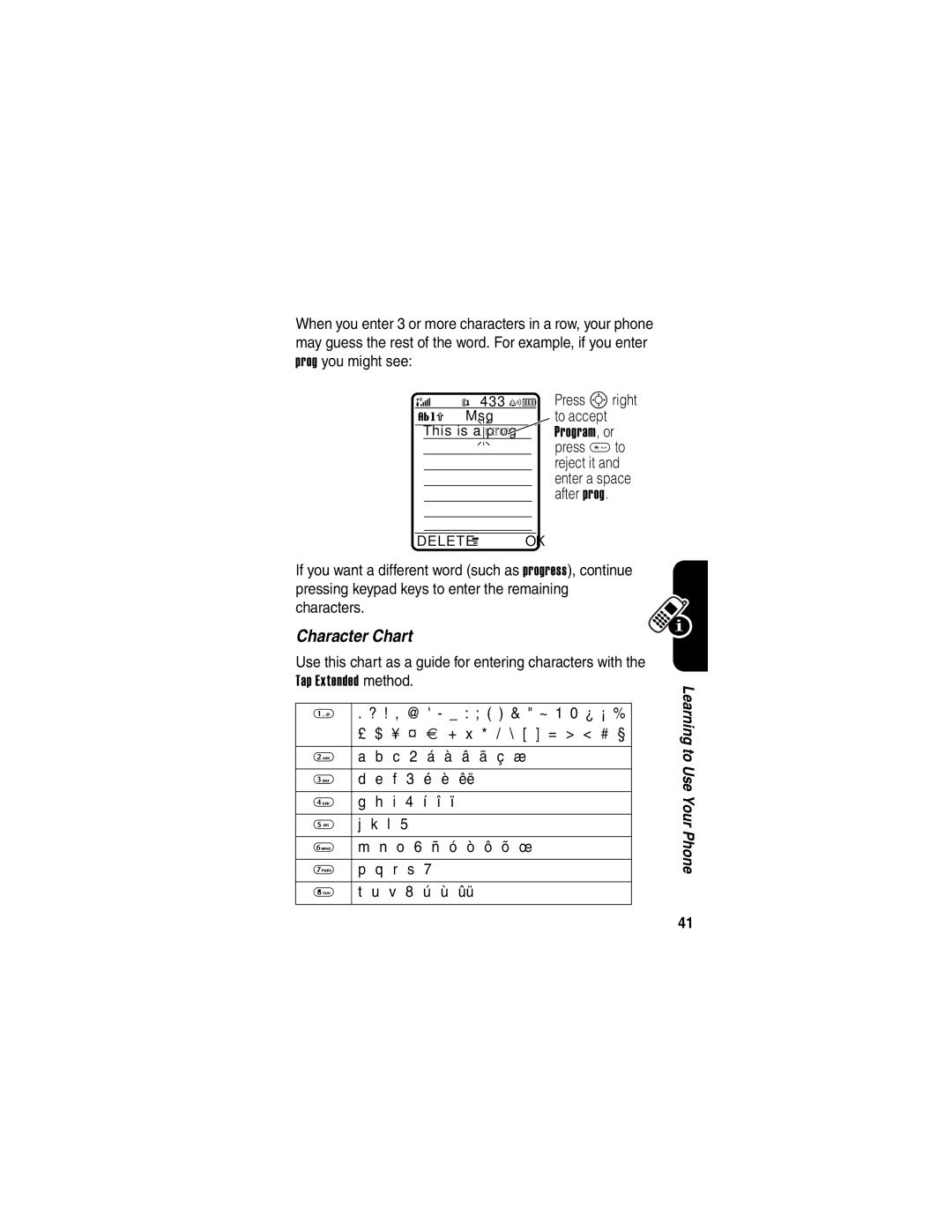 Motorola T725 manual Character Chart 