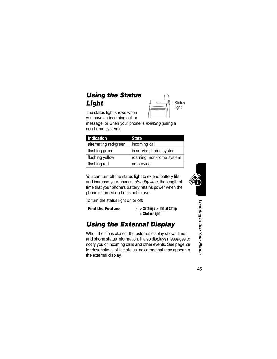 Motorola T725 manual Using the Status Light 