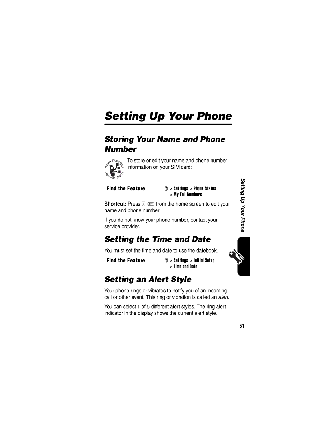 Motorola T725 manual Setting Up Your Phone, Storing Your Name and Phone Number, Setting the Time and Date 