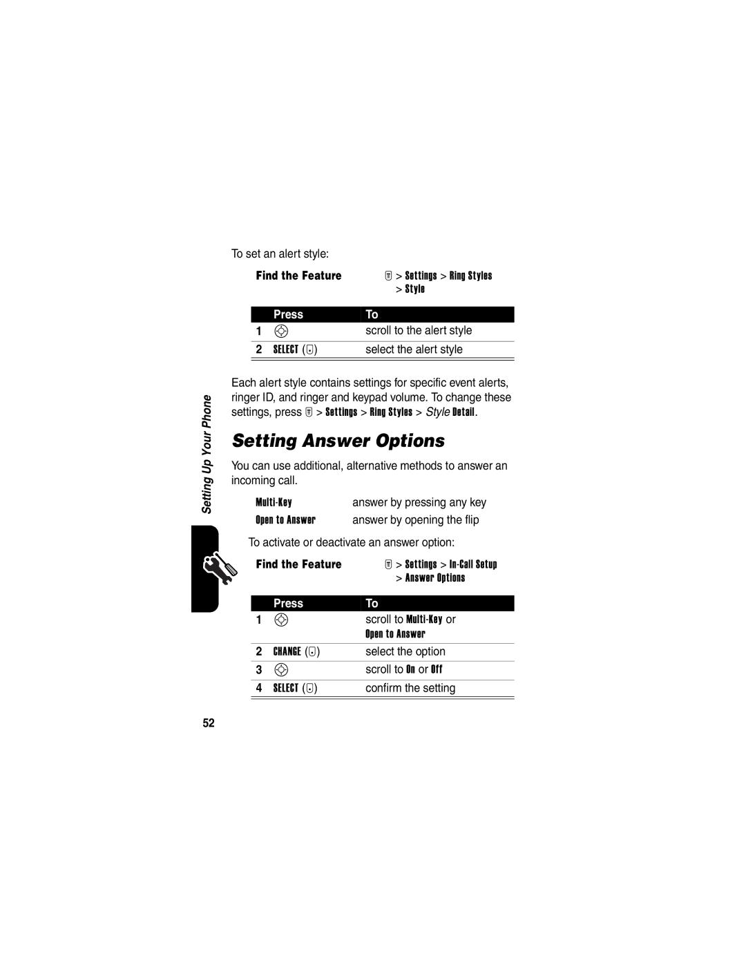 Motorola T725 manual Setting Answer Options 