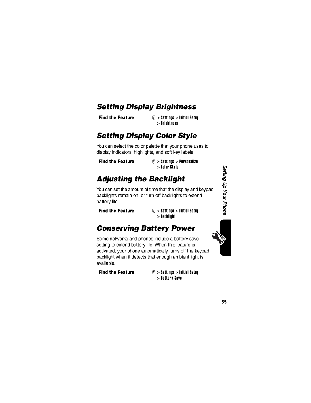 Motorola T725 Setting Display Brightness, Setting Display Color Style, Adjusting the Backlight, Conserving Battery Power 