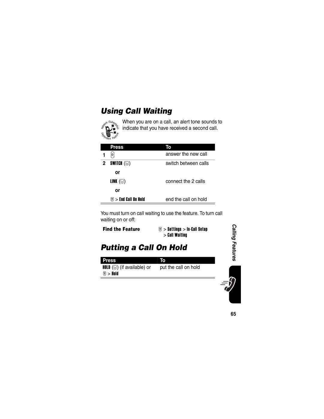 Motorola T725 manual Using Call Waiting, Putting a Call On Hold 