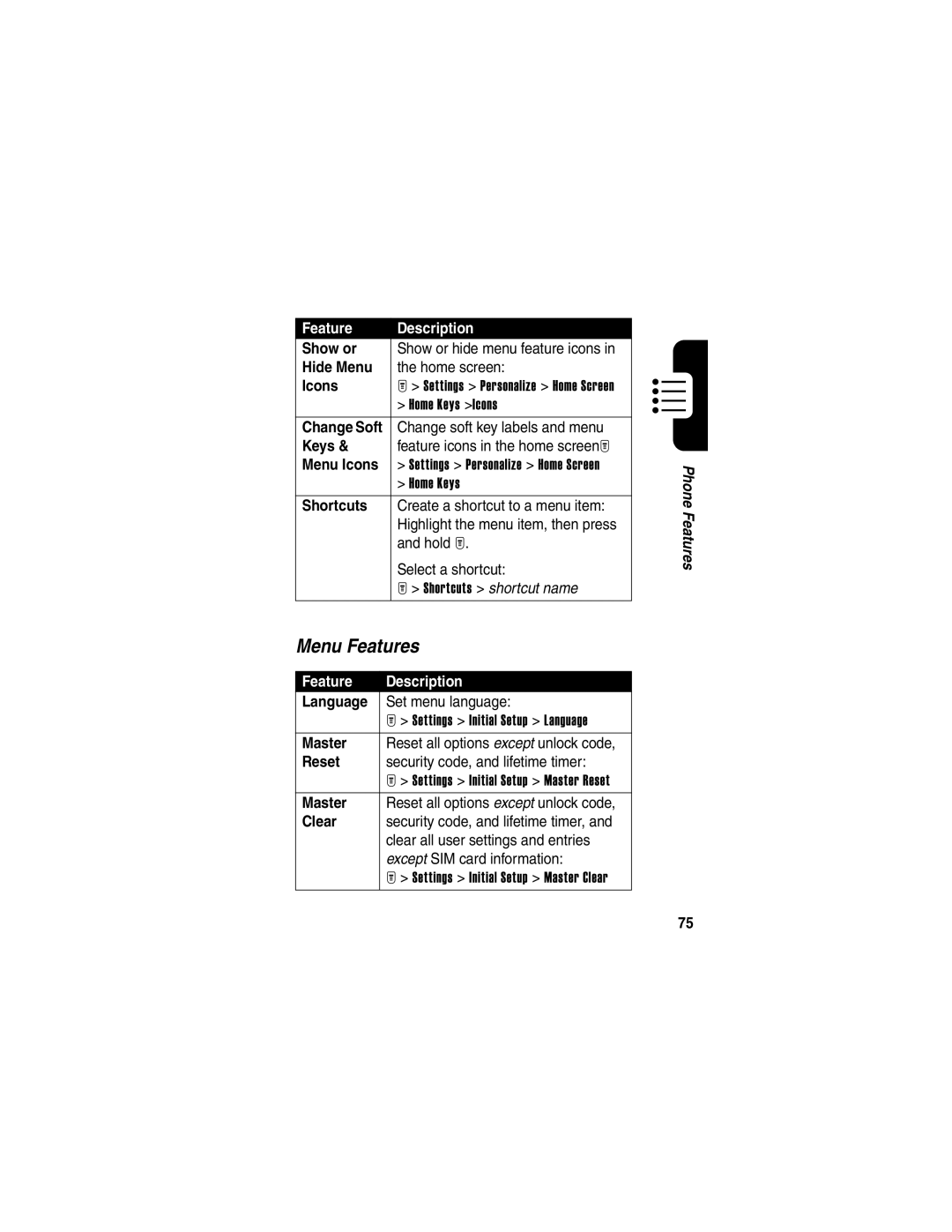 Motorola T725 manual Menu Features 