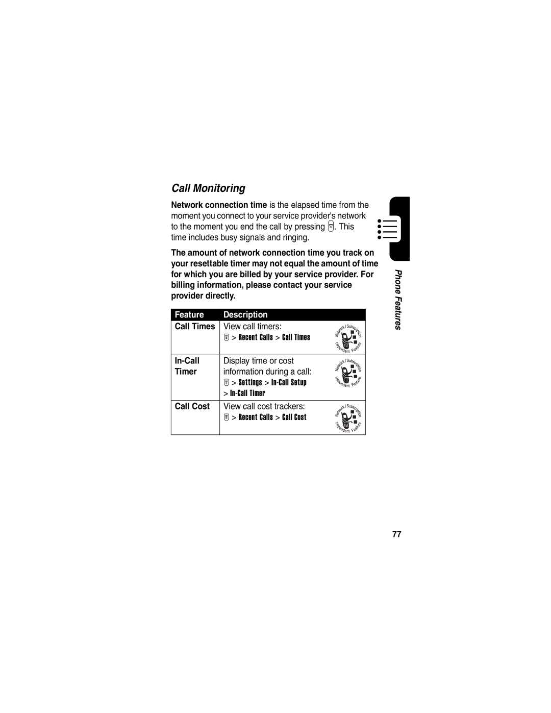 Motorola T725 manual Call Monitoring, In-Call, Timer, Call Cost 