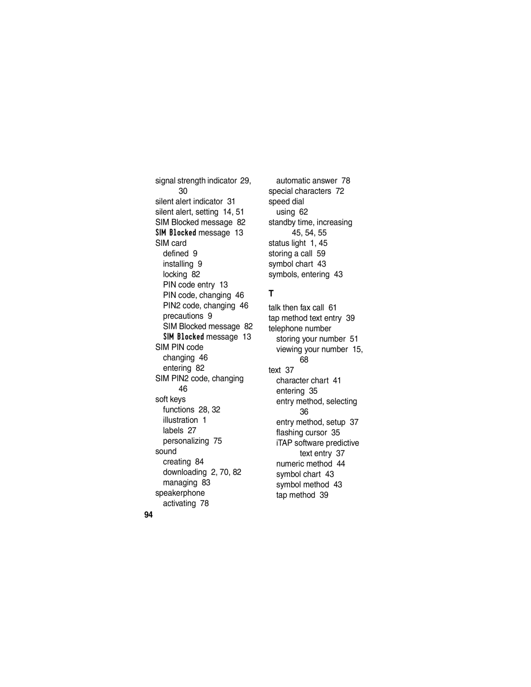 Motorola T725 manual Signal strength indicator 29, Text Character chart 41 entering Entry method, selecting 