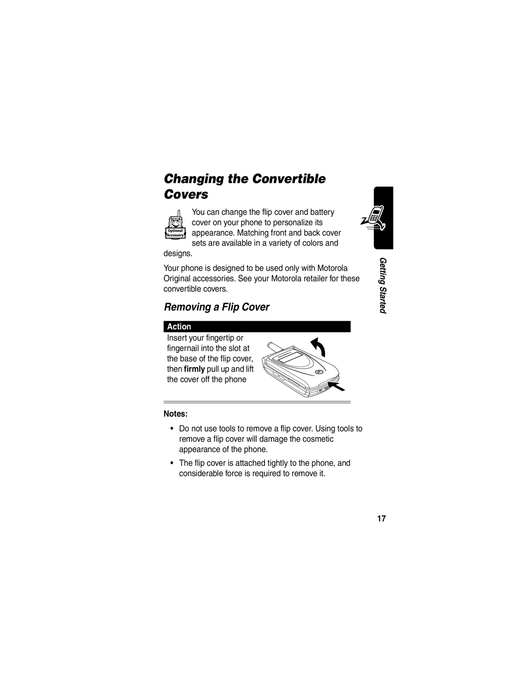 Motorola T731 manual Changing the Convertible Covers, Removing a Flip Cover 