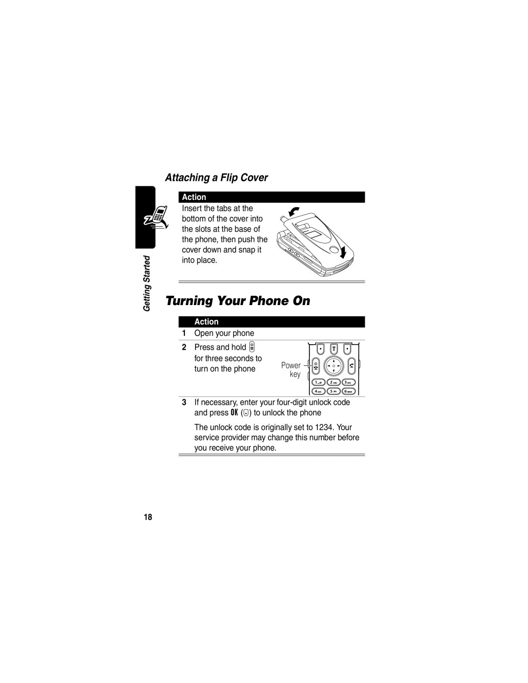 Motorola T731 manual Turning Your Phone On, Attaching a Flip Cover, Open your phone, Turn on the phone, Key 