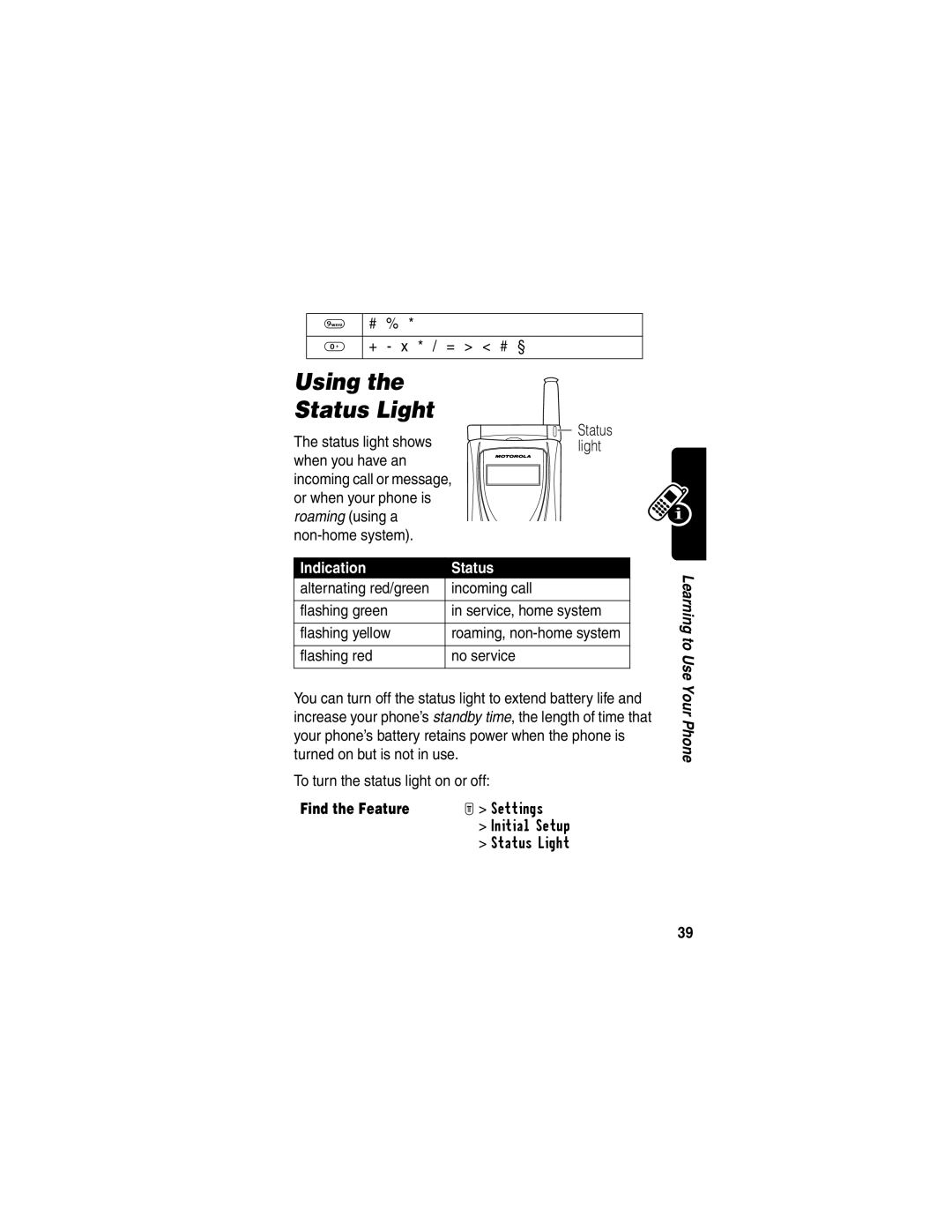 Motorola T731 manual Using Status Light, # % + x * / = # §, Status light shows, Non-home system 