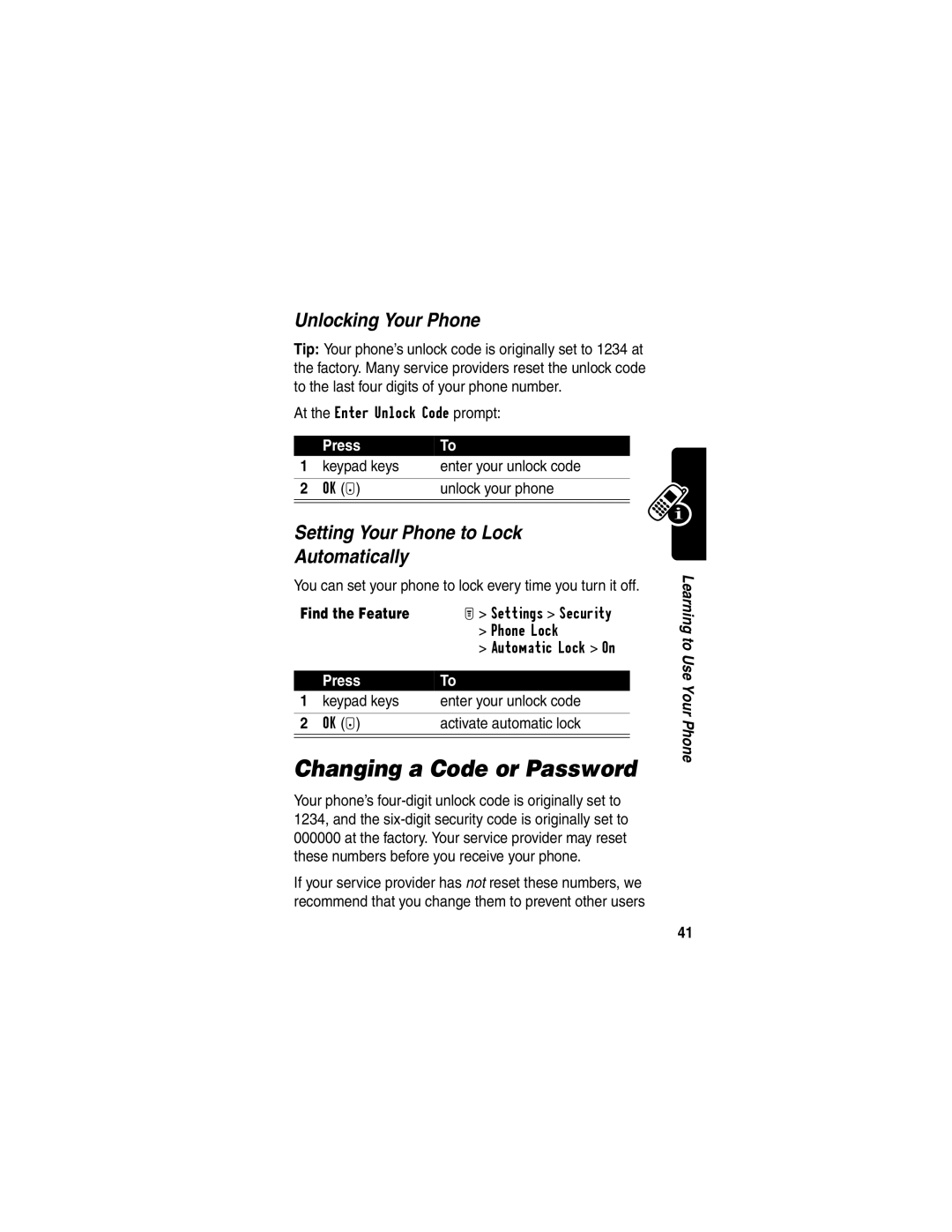 Motorola T731 manual Changing a Code or Password, Unlocking Your Phone, Setting Your Phone to Lock Automatically 