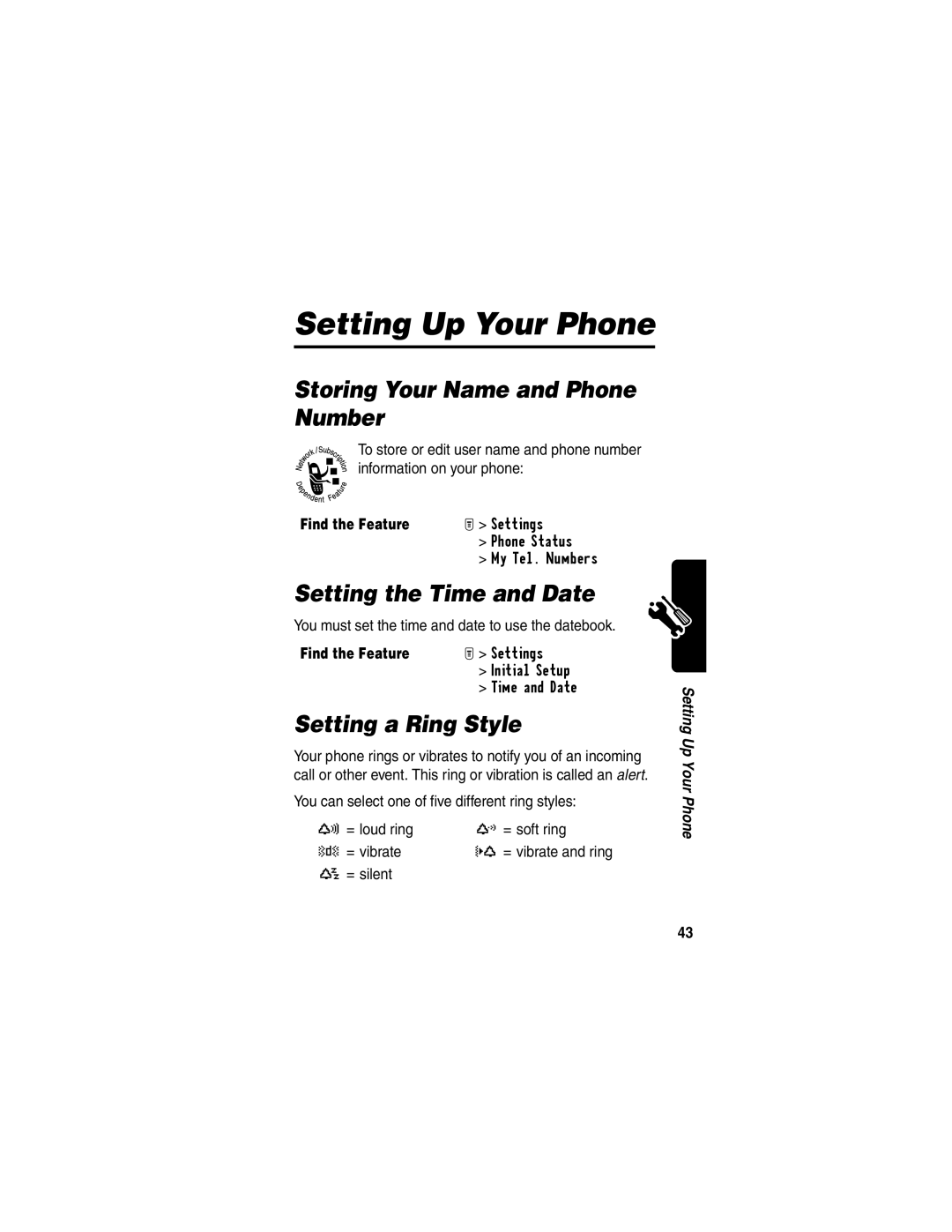 Motorola T731 manual Storing Your Name and Phone Number, Setting the Time and Date, Setting a Ring Style 