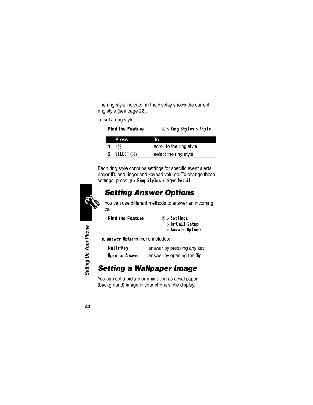Motorola T731 manual Setting Answer Options, Setting a Wallpaper Image, Scroll to the ring style 