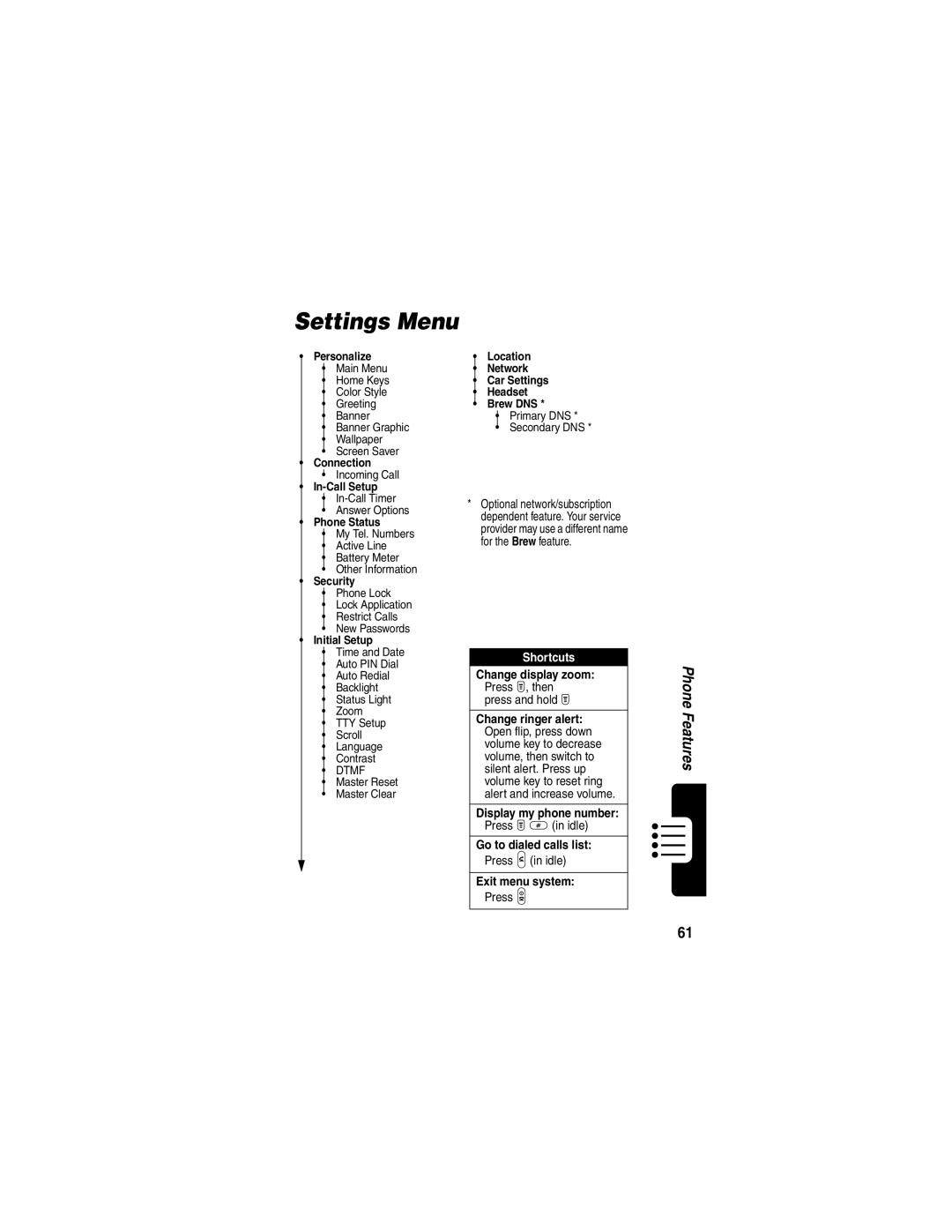 Motorola T731 manual Settings Menu, Initial Setup 