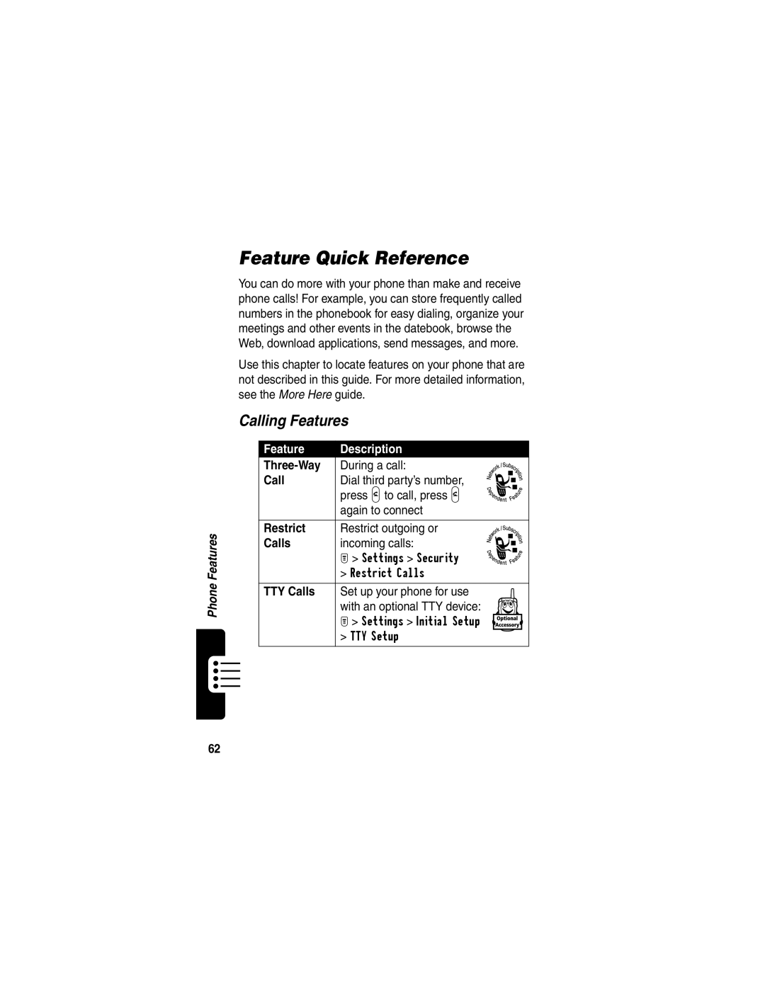 Motorola T731 manual Feature Quick Reference, Calling Features 