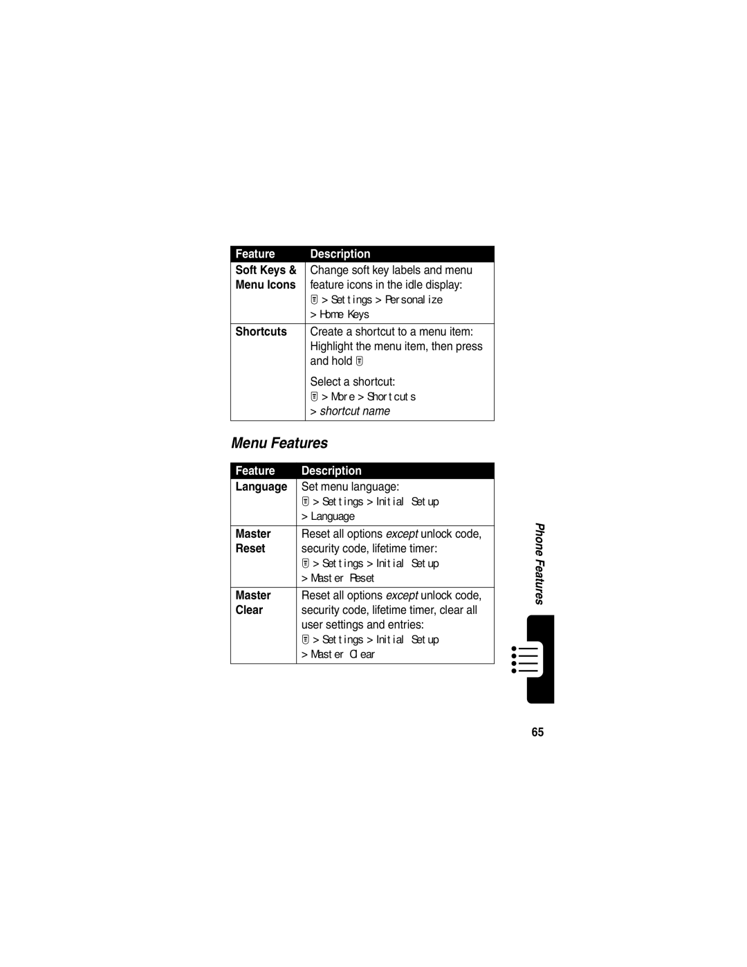 Motorola T731 manual Menu Features 