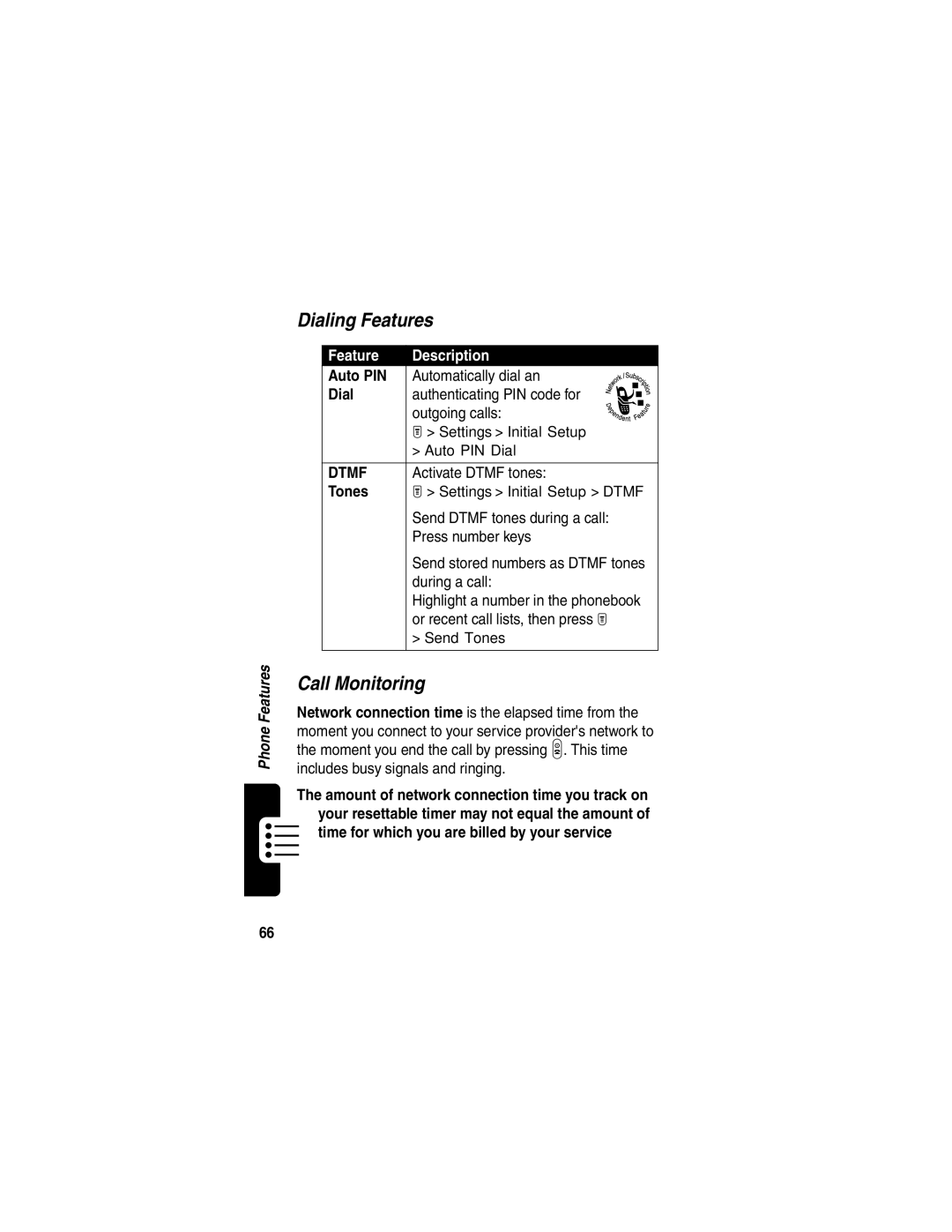 Motorola T731 manual Dialing Features, Call Monitoring, Auto PIN 