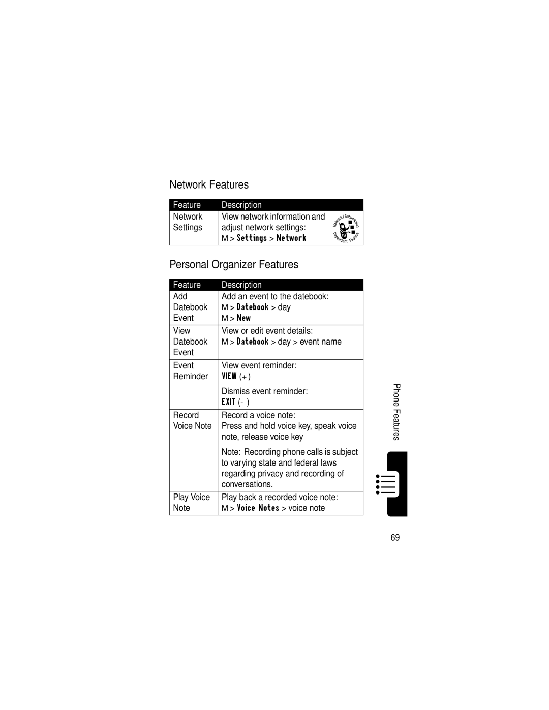 Motorola T731 manual Network Features, Personal Organizer Features 