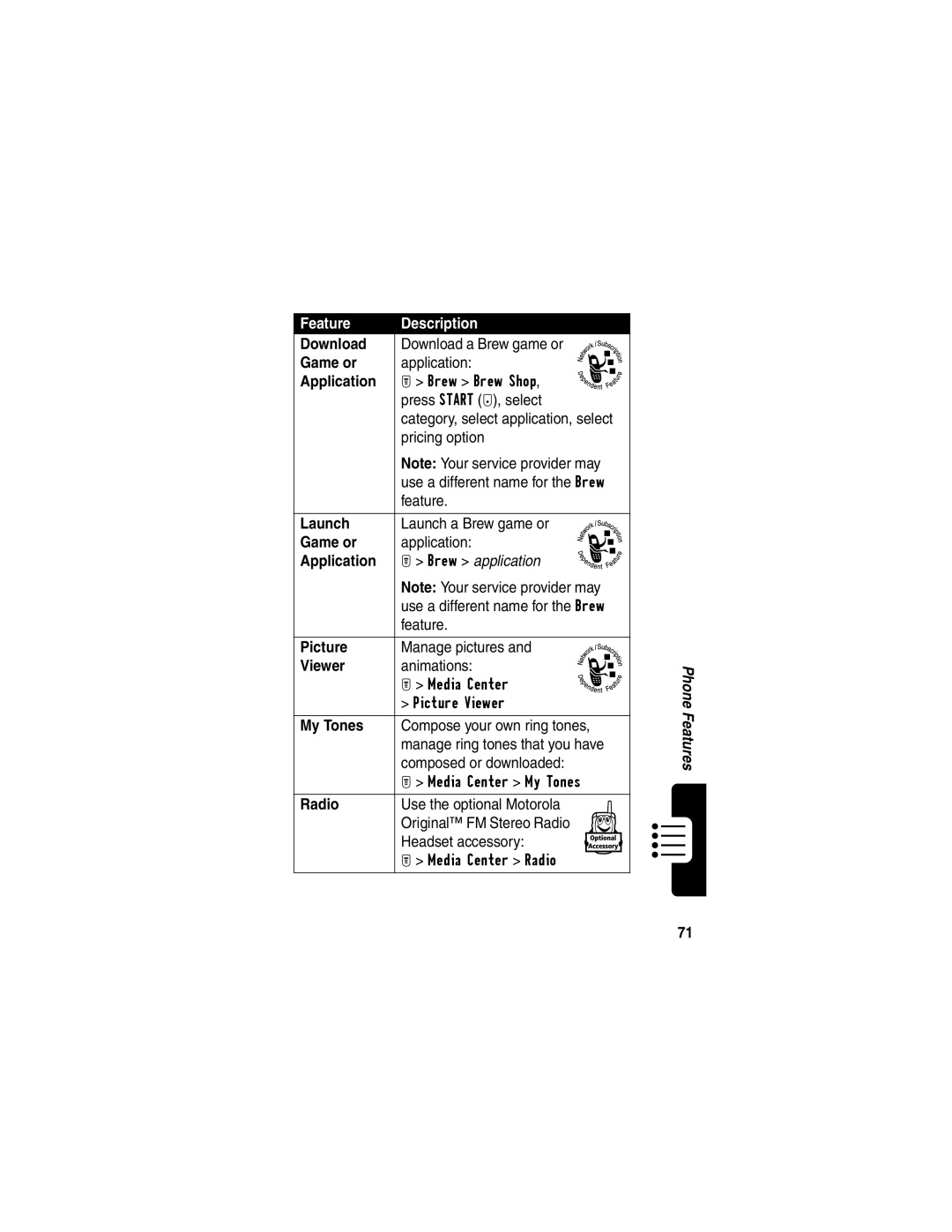 Motorola T731 manual Game or, Picture, Viewer, My Tones, Radio 