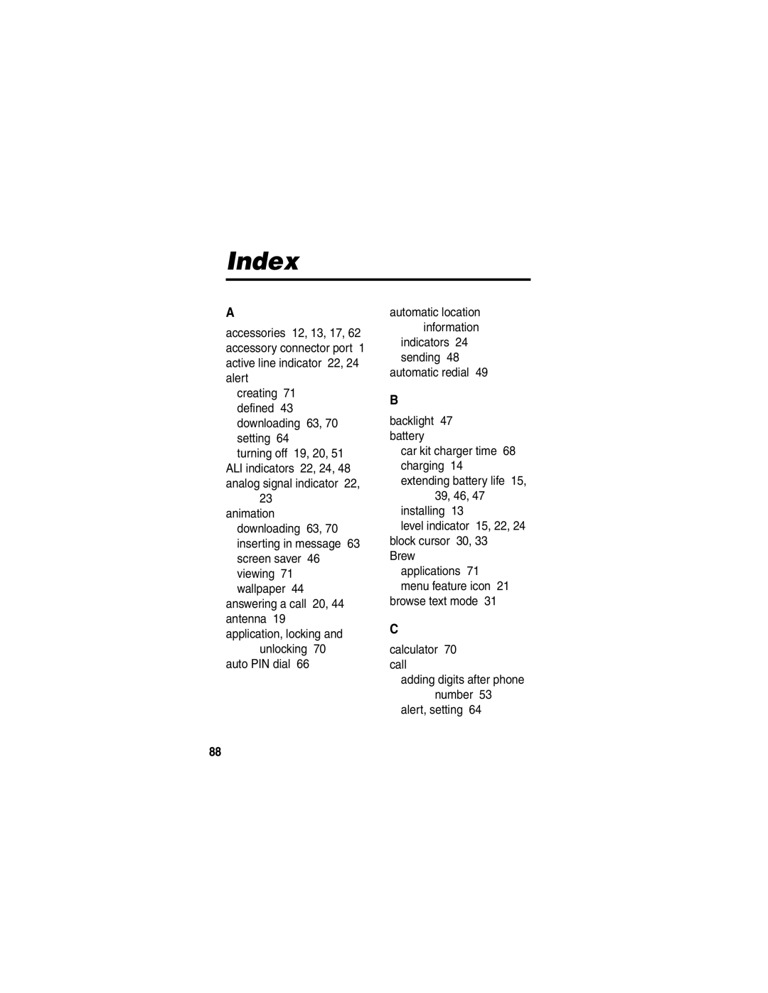 Motorola T731 manual Index, Unlocking Auto PIN dial 