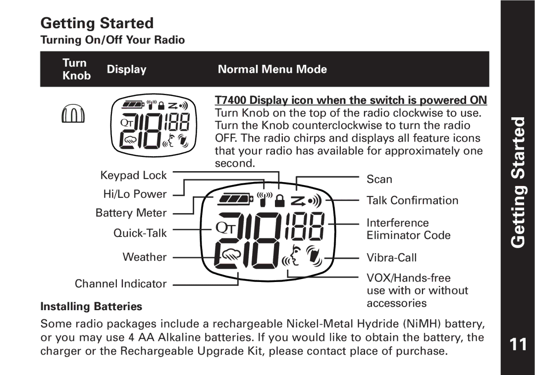 Motorola T7450, T7400 manual Getting Started, Turning On/Off Your Radio, Installing Batteries 