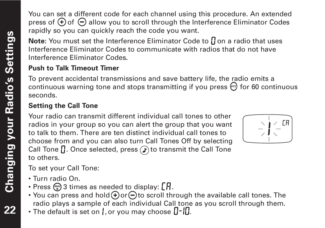 Motorola T7400, T7450 manual Settings, Radio’s, Your, Push to Talk Timeout Timer, Setting the Call Tone 