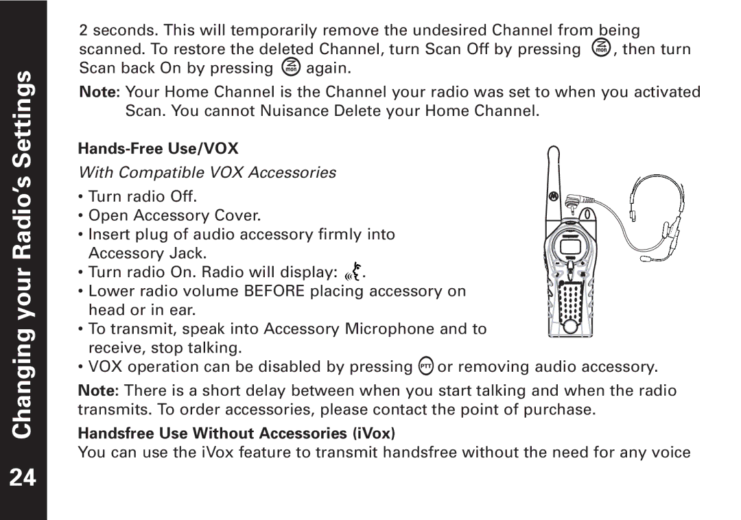 Motorola T7400, T7450 manual Hands-Free Use/VOX, Handsfree Use Without Accessories iVox 