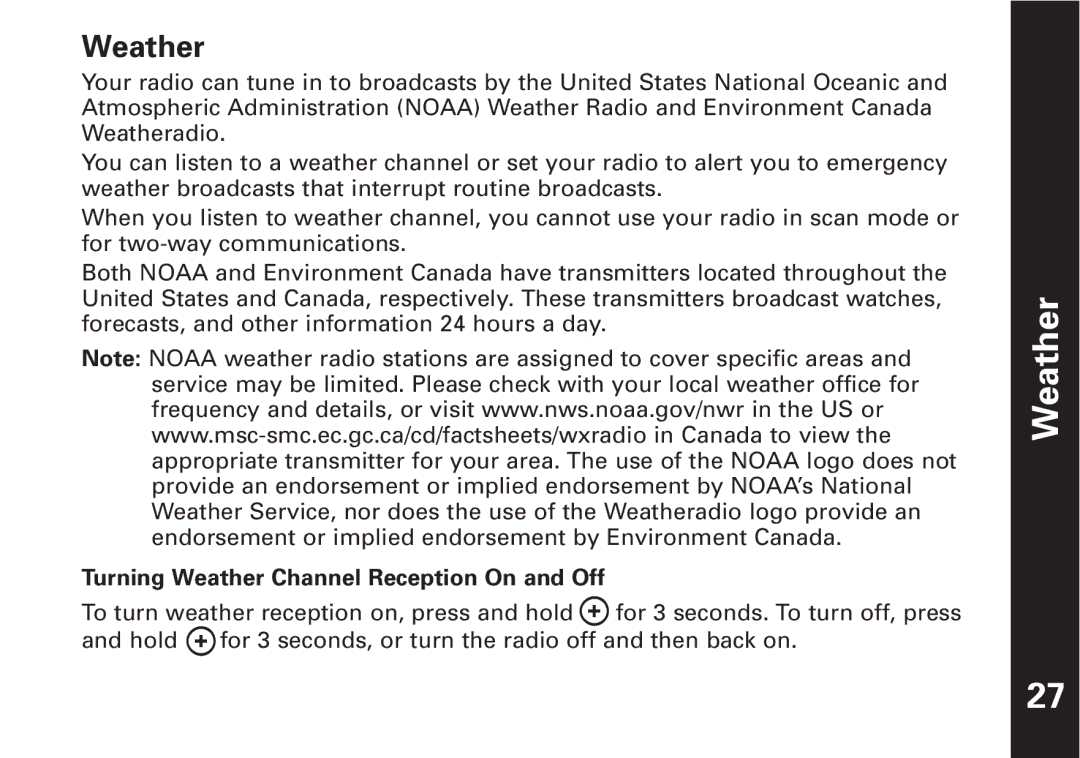 Motorola T7450, T7400 manual Turning Weather Channel Reception On and Off 