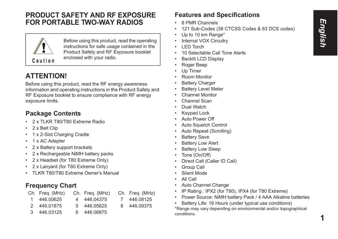 Motorola T80 EXTREME owner manual Package Contents, Frequency Chart, Features and Specifications 