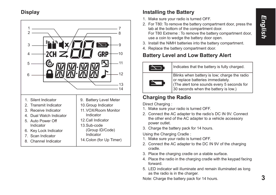 Motorola T80 EXTREME owner manual Display, Installing the Battery, Battery Level and Low Battery Alert, Charging the Radio 