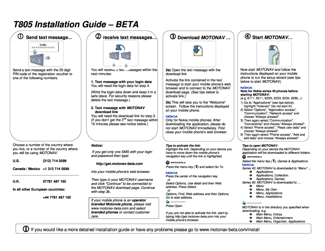 Motorola T805 Installation Guide - BETA, c Send text message, dreceive text messages…, eDownload MOTONAV …, 312 714 