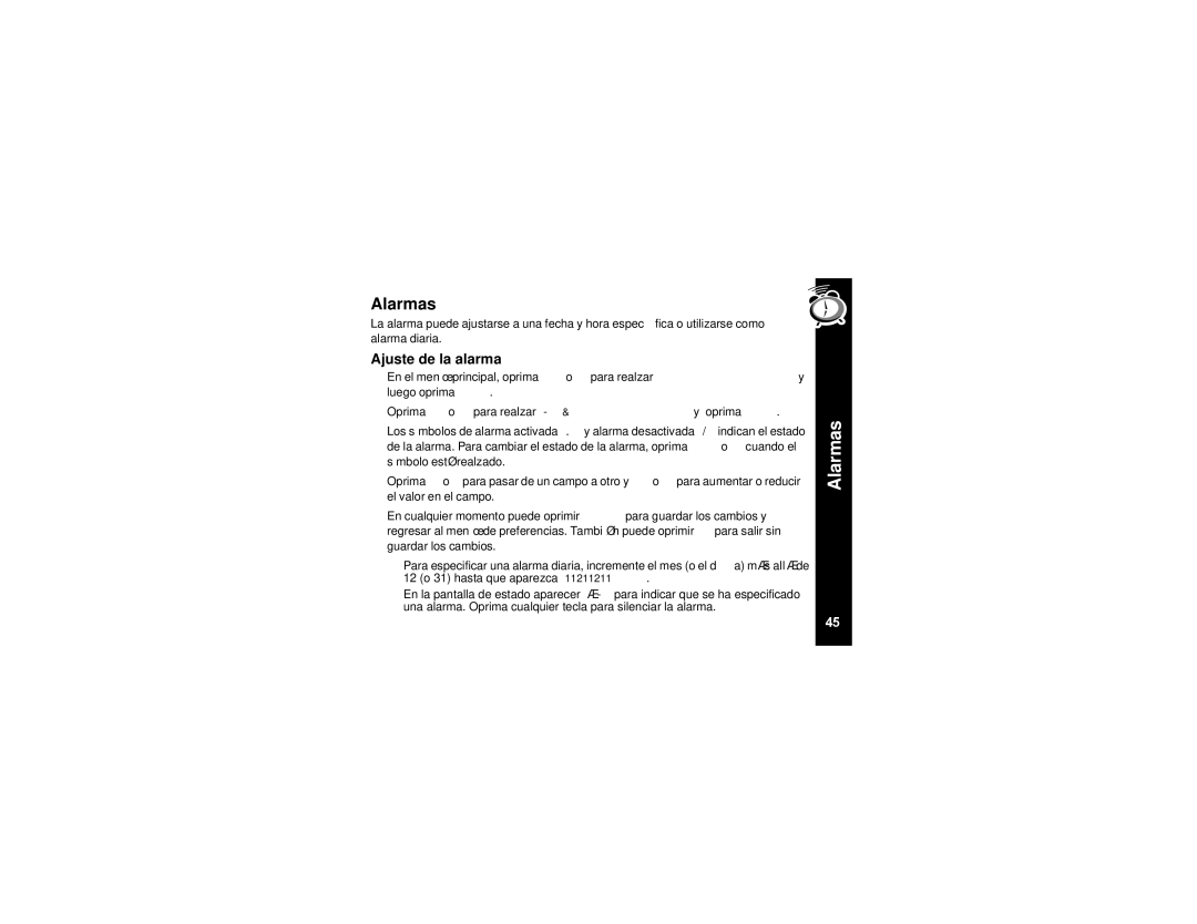 Motorola T900 manual Alarmas, Ajuste de la alarma 