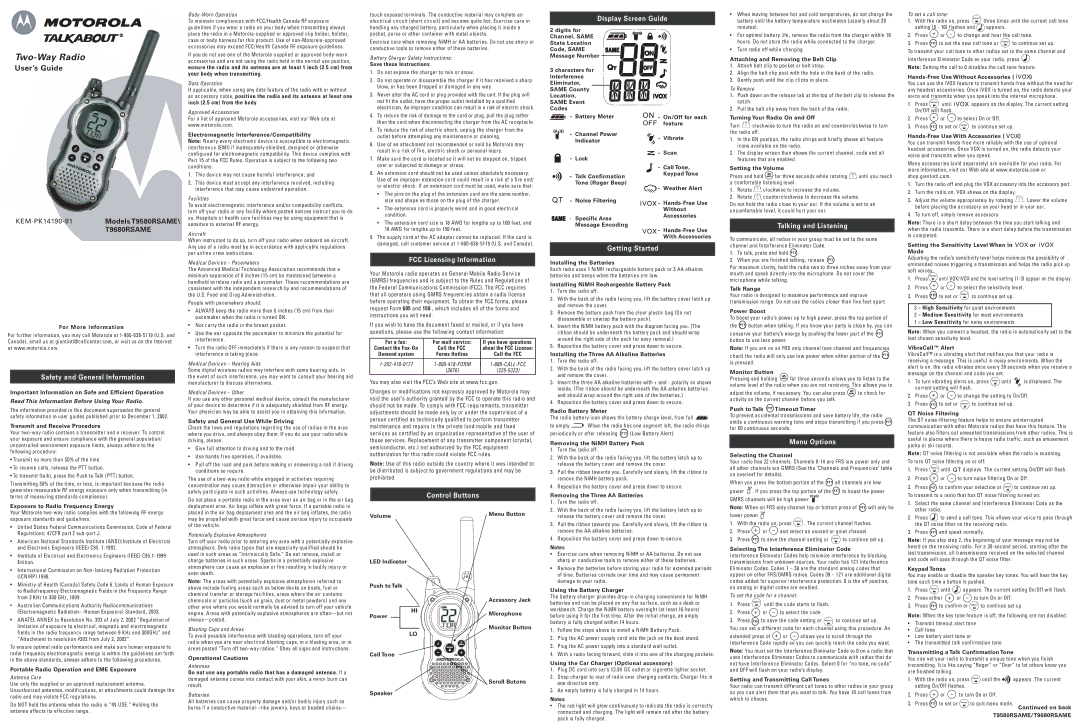 Motorola T9680R manual Safety and General Information, FCC Licensing Information, Control Buttons Display Screen Guide 