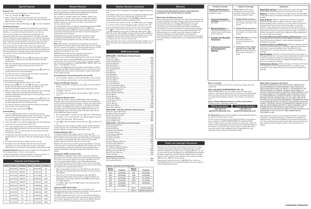 Motorola T9680RSAME manual Special Features, Weather Receiver, Same Event Codes, Warranty, Channels and Frequencies 