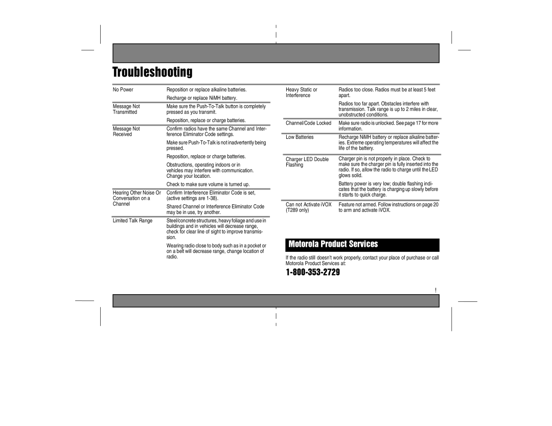 Motorola TA280 Recharge or replace NiMH battery, Message Not, Received Ference Eliminator Code settings, Pressed, Sion 