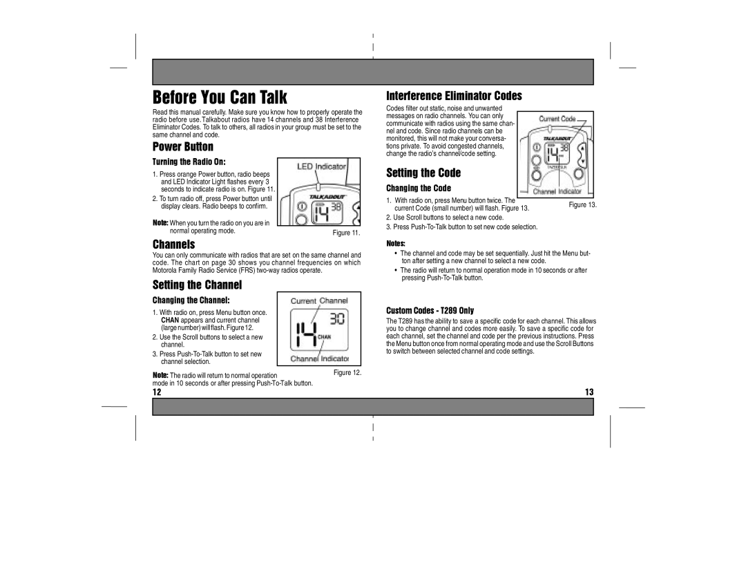 Motorola TA280 Display clears, Normal operating mode, Code. The chart, Motorola Family Service FRS two-way radios operate 