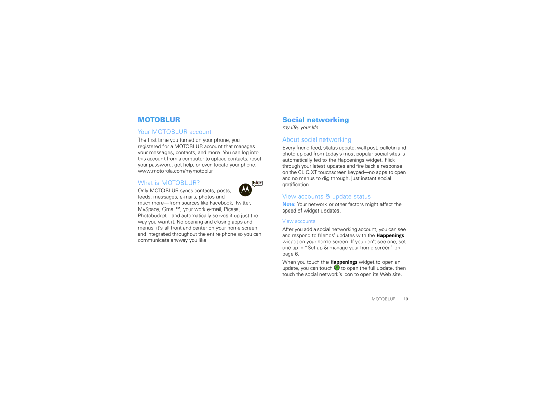 Motorola TBD-A manual Social networking, Your Motoblur account What is MOTOBLUR?, About social networking, View accounts 