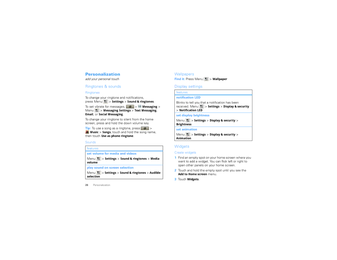 Motorola TBD-A manual Personalization, Ringtones & sounds, Wallpapers, Display settings, Widgets 