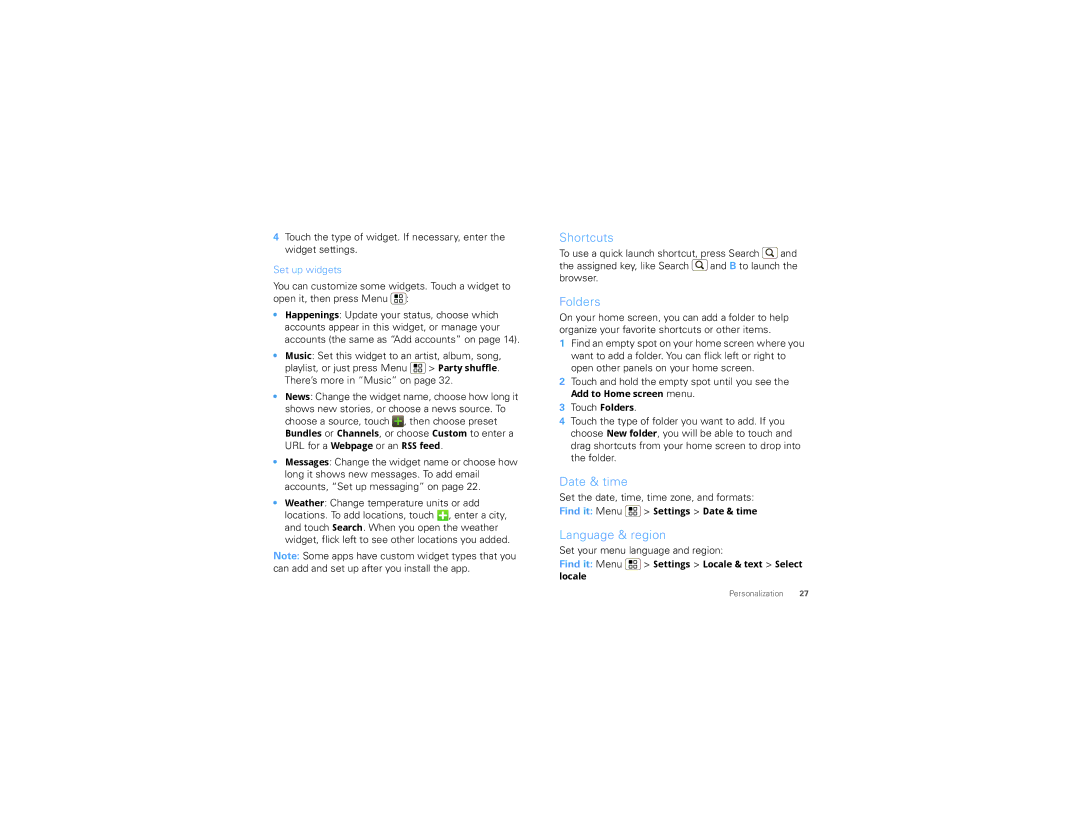 Motorola TBD-A manual Shortcuts, Folders, Date & time, Language & region, Set up widgets 
