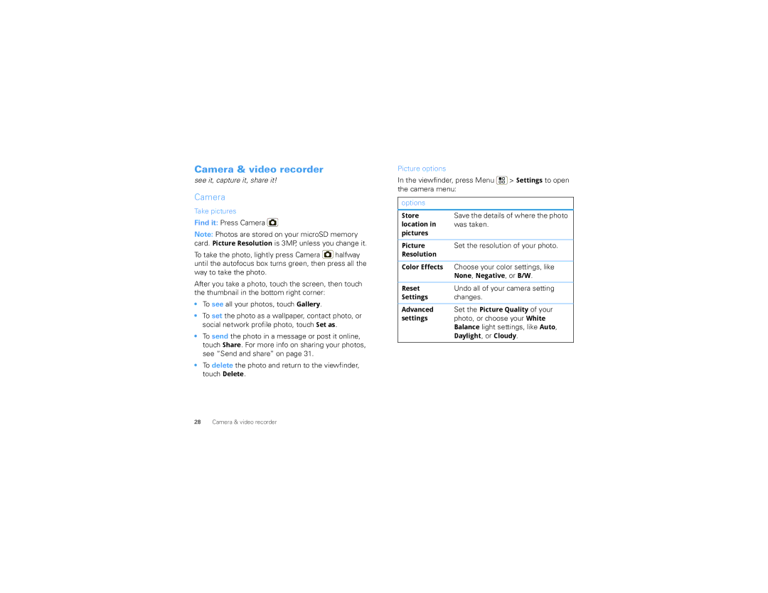 Motorola TBD-A manual Camera & video recorder, Take pictures, Picture options, Options 