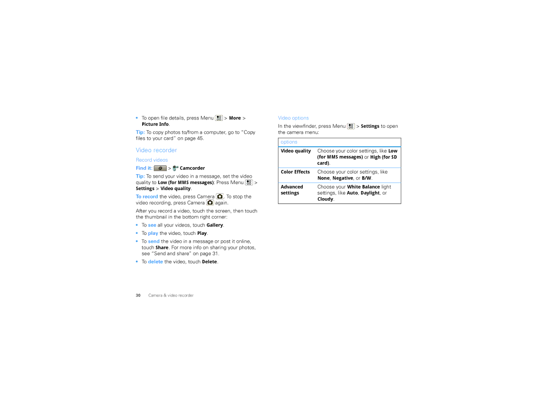 Motorola TBD-A manual Video recorder, To open file details, press Menu More, Record videos, Video options 