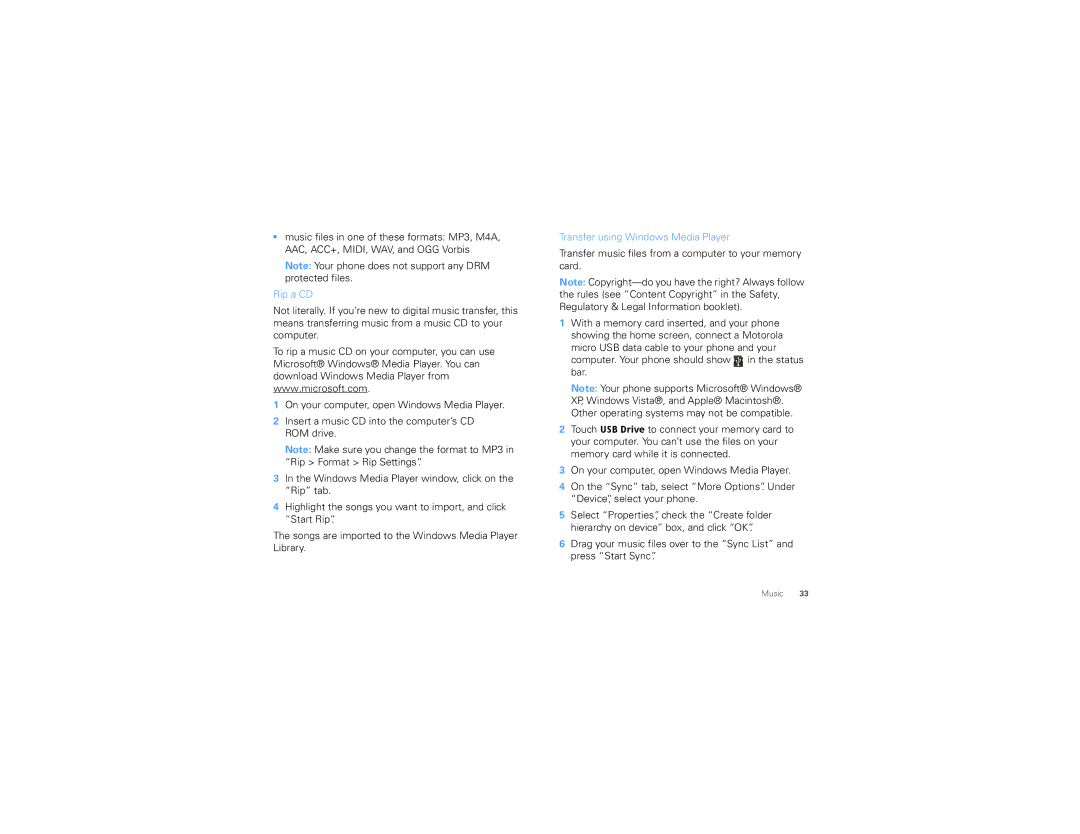 Motorola TBD-A Rip a CD, Transfer using Windows Media Player, Transfer music files from a computer to your memory card 