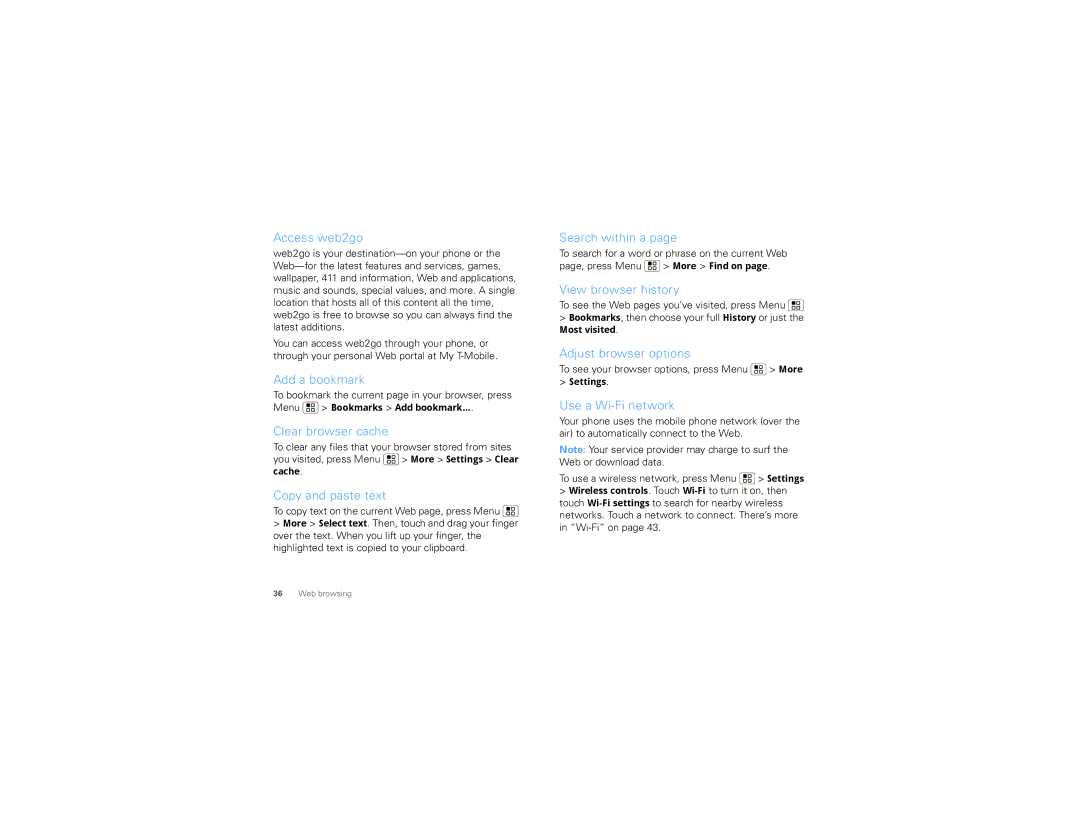 Motorola TBD-A manual Access web2go, Add a bookmark, Clear browser cache, Copy and paste text, Search within a 