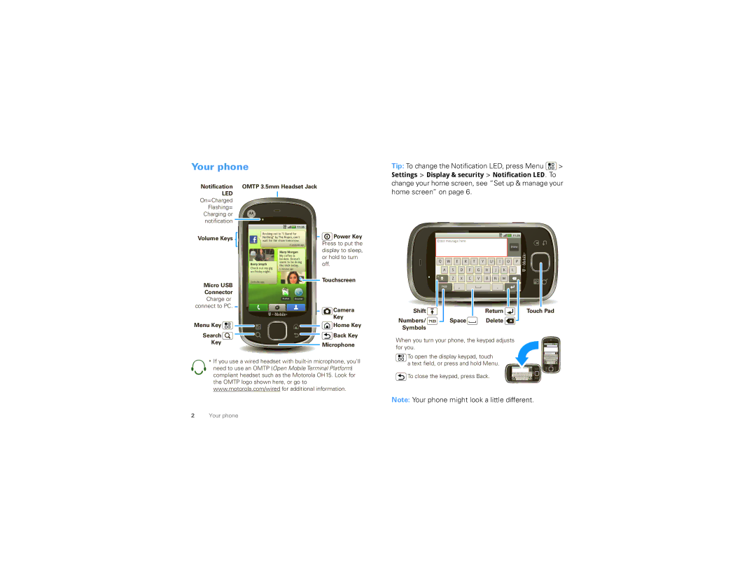 Motorola TBD-A manual Your phone, Tip To change the Notification LED, press Menu 